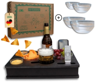 PEGSEN Servierplatte All in One Couchbox Serviertablett mit 4 Glasschalen, Alle Getränke & Snacks stehen stabil und sicher