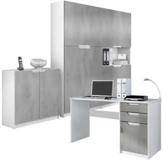 Vladon Aktenschrank Logan (Büromöbel-Set, mit 1 Schreibtisch, 2 Schränken und 1 Kommode) Weiß matt/Beton Oxid Optik (246 x 60 x 185 cm)