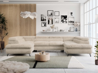 Ecksofa U-Form, mit Bettkasten, Bettfunktion und Einstellbare Kopfstützen, Sofa big XXL - PETER U - Creme Plüsch