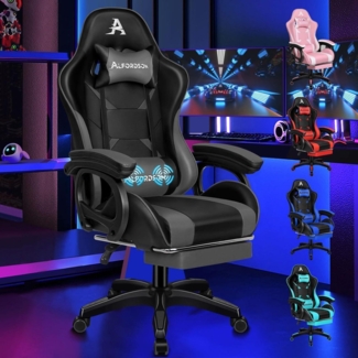 Gamingstuhl Bürostuhl mit Massage Fußstütze Kopf-Lendenkissen PU Grau