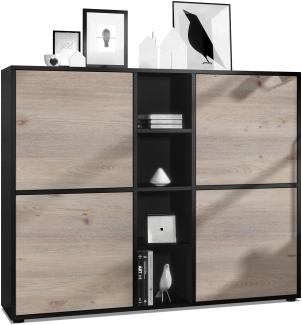 Vladon Highboard Cuba V3, Schwarz matt/Eiche Nordic - Moderne Anrichte mit 12 Fächern (130,5 x 105,5 x 35,5 cm)