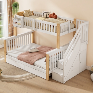Merax Kinder-Etagenbett, Doppelbett, multifunktionales Kinderbett mit Ablagekorb, mit Schublade, mit Treppenschrank, mit Ablageschrank, ohne Matratze, weiß + naturfarben