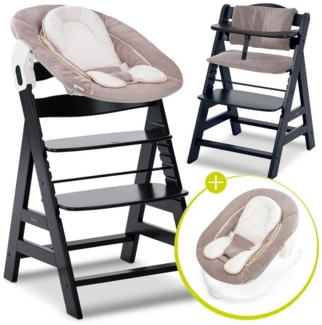 Hauck Hochstuhl Alpha Plus Black Newborn Set - Stretch Beige (Set), Holz Babystuhl ab Geburt inkl. Aufsatz für Neugeborene & Sitzauflage