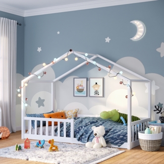 Bellabino 'Bia' Hausbett 80x160 cm mit Matratze, weiß, Kiefer Massivholz, Bodenbett in Hausoptik, Montessori Kinderbett mit Rausfallschutz und Lattenrost