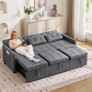 Modernes 3-Sitzer-Schlafsofa mit Schlaffunktion,Geeignet für Wohn- und Schlafzimmer Rückenlehne bis 180° verstellbar Ecksofa Sofa und L-förmiges Sofa Klappbares Stauraumsofa mit Seitentaschen,grau,