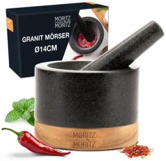 Moritz & Moritz Wok Granit Mörser mit Stößel und Holzuntersetzer 14cm