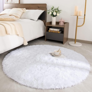ROHATIM Hochflor Teppich Rund Superweich Flauschig Shaggy Weiß 120x120cm