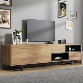 TV-Schrank in natürlicher Holzfarbton, 2 Türen, 2 schwarze offene Ablagefächer, 2 diagonale Schubladen, Holzmaserung