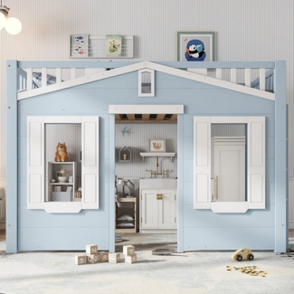 Flieks Hochbett Kinderbett Hausbett 90x200cm mit schöner Fenstergestaltung und Leiter