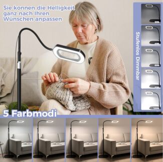 QUBEBU LED Leselampe Stehlampe Standleuchte mit 10 Dioptrien Lupe, 3-in-1 Schreibtischlampe, 10X Lupe mit Licht, LED fest integriert, LED Beleuchtete Lupe mit 5 Farbmodi und Stufenloser Dimmbarkeit, Klemmlampe mit Base und Schwenkarm, Stehleuchte, für ...