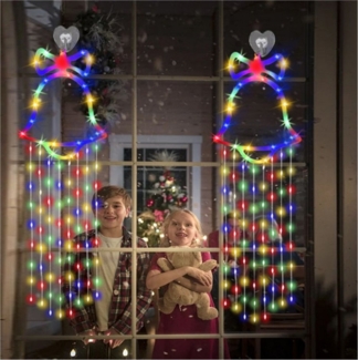 QUBEBU LED-Lichtervorhang LED-Lichterkette Fenster Beleuchtung Weihnachtsdeko Beleuchtet, Haken, LED fest integriert, 8 Beleuchtungsmodi & Timer, Batterie betrieben