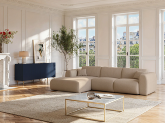 Vente-unique - Großes Ecksofa - Ecke links - Samt-Stoff - Beige - POGNI von Maison Céphy