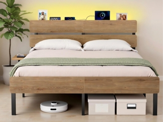 VASAGLE Doppelbettgestell, Bett, 160 x 200 cm, Metallrahmen, LED-Beleuchtung, USB-A- und USB-C-Anschluss, Unterbettaufbewahrung, Industrie-Stil, einfache Montage, naturbraun
