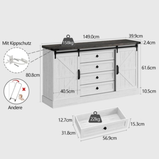 GarveeMore Kommode Kommode mit 4 Schubladen und Schiebetüren im Scheunentor-Stil