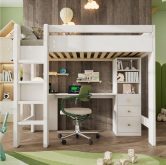 Ulife Hochbett Kinderbett mit L-förmigem Schreibtisch, Regalen und Schubladen (Ohne Matratze) mit USB/Type-C Ladebereich, Jugend-Einzelbett, 90x200cm