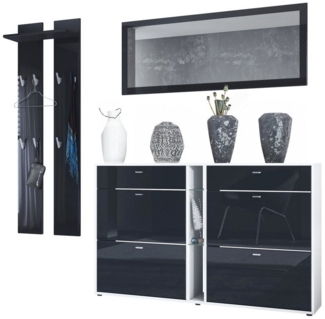 Vladon Garderoben-Set Orlando, (Garderoben-Set, mit Schuhschrank, Wandpaneel und Wandspiegel), Weiß matt/Schwarz Hochglanz