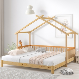 Erweiterbares Hausbett 208 × 182 × 170 cm – ausziehbares Kinder- und Tagesbett, reines Massivholz (Kiefer), wandelbar Einzel- und Doppelbett, natur