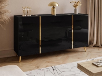 Vente-unique - Sideboard mit 2 Türen & 3 Schubladen - Schwarz glänzend & Goldfarben - MARZIALO