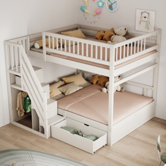 Merax Massivholz-Etagenbett 140*200cm, Kinderbett, Doppelbett, Mit Hohem Sicherheitsgitter, Mit Lattenrost, Sicherheitsleiter mit Stauraum, Mit Stauschubladen, Weiß