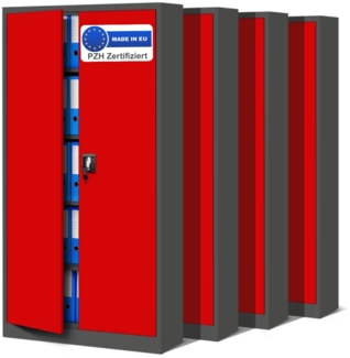 MegaDeal 4x Aktenschrank abschließbar KADO - 5 Ebenen verstellbar, Flügeltüren | Metallschrank Werkstatt Mehrzweckschrank Büroschrank aus Stahl Werkzeugschrank, 195x90x40cm Anthrazit-Rot