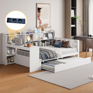 Merax Daybett Schlafsofa aus Massivholz, 90*200 cm, Mit Schreibtisch Bücherregalen Ablagefächern und Regalen, Mit Steckdose, Unterbett mit ausziehbarem Bett, Multifunktionales Holzbett, Weiß