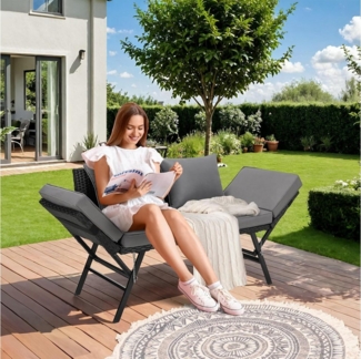 TLGREEN Gartenbank mit Liegefunktion,Gartenmöbel Rattan Balkonmöbel (mit Verstellbare Armlehnen), Polyrattan Gartensofa 2 Sitzer