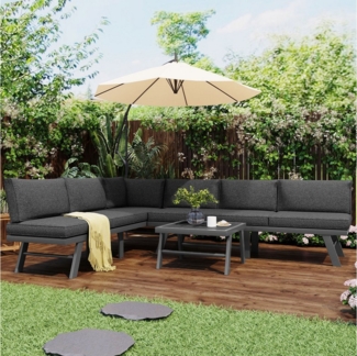 Flieks Gartenlounge-Set, 6-Sitzer Gartenmöbel Sofagarnitur aus Aluminium, 2 Sofas und 1 Tisch