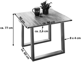 Esszimmertisch Baumkante Esstisch Massivholz Akazie Kufengestell natur 90x90 silber 524126