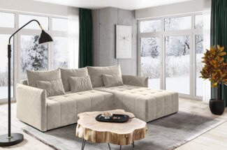 Ecksofa Leno L mit Schlaffunktion und Bettkasten - L-Form Couch, Polstersofa, Schlafsofa, Sofagarnitur - Velours Stoff (Beige (Paros 02))