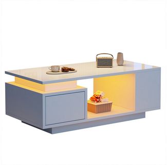 KLAM HOME Couchtisch Couchtisch Mit LED Beleuchtung Und App Steuerung (Beistelltisch Mit Schublade Und 4 Seitlichen Ablagefächern), Moderner Wohnzimmertisch In Weiß Hochglanz 100x50cm