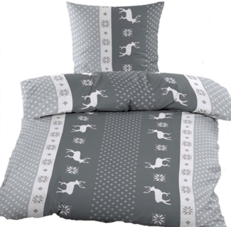 KH-Haushaltshandel Bettwäsche Biber Winter Bettwäsche 135x200 + 80x80 cm, Hirsch/Streifen, Biber, 2 teilig, grau/weiß, flauschig weich warm