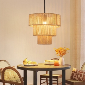 ZMH Pendelleuchte Esszimmer 1 Flammig Beige Hängeleuchte Rattan Boho für Bar Resturant, Einfache Installation, ohne Leuchtmittel, E27 Esstischlampe 150 CM Höhenverstellbar