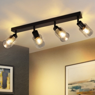 ZMH Deckenstrahler 4 flammig Vintage: E14 Deckenleuchte Schwarz Industrial Spots Deckenlampe Wohnzimmer Deckenspots aus Glas und Metall 350°drehbar innen Spotbalken für Küche - Ohne Leuchtmittel
