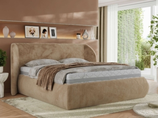Polsterbett mit Lattenrost, Doppelbett Bettkasten, Bettgestell mit Gasdruckfeder Multipocket Matratze Härtegrad H3/H4 - CAELA CLASSIC - 140x200 cm - Beige Plüsch - ELORI LUX
