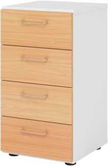 bümö smart Schubladenschrank, Büroschrank in Weiß/Buche mit 4 Schüben - Bürocontainer aus Holz, Container mit Metallgriffen & Soft-Stop Schubladen, 924S4-W-6-BS