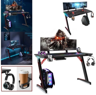 AUFUN Gamingtisch Computertisch Elite Gamer-Schreibtisch Z-Form Tisch (120/140cm), Schreibtisch mit RGB-Led Beleuchtung, Kopfhörerhaken, Getränkehalter