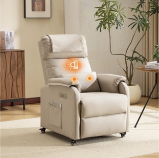 VINGLI Relaxsessel Fernsehsessel, TV-Sessel, 2/6 Punkte Massage & Wärmefunktion, 4 Lenkrollen mit Feststellbremse, USB-C&USB-A Anschlüsse, Seitentasche