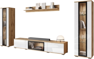 Wohnwand Clarkoy I (Farbe: Wotan / Weiß Hochglanz, mit weißer LED Beleuchtung)