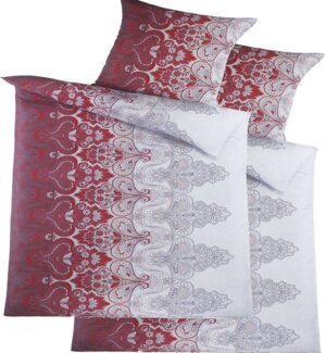 KH-Haushaltshandel Bettwäsche 4-tlg. Seersucker Bettwäsche 2x (135x200 +80x80cm), Ornamente, Seersucker, 4 teilig, rot grau weiß, Microfaser, bügelfrei