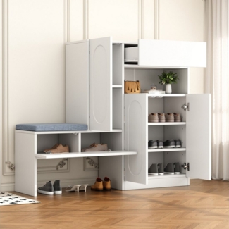 Flieks Schuhschrank Schuhkommode mit gepolsterter Sitzbank (B130/T35/H110 cm, 1-St, mit gepolsterter Sitzfläche) Schuhwechselhocker mit Seitenschrank Schuhbank Schuhregal Weiß