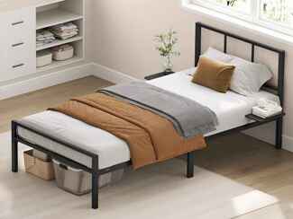 VASAGLE Einzelbettgestell, Bett, passend für 90 x 200 cm Matratze, Metallbett, Bettrahmen, mit Kopfteil, modern, mit Aufbewahrungsregalen, Gästebett, für Teenager, tintenschwarz