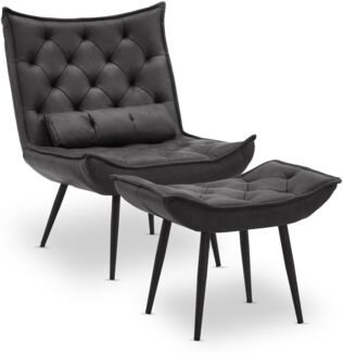 MCombo Sessel mit Hocker, moderner Relaxsessel mit Taillenkissen für Wohnzimmer, Retro Vintage Lesesessel Loungesessel Stuhl Polstersessel, Kunstleder,4778MB (Dunkelgrau)