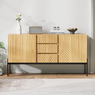 Merax Sideboard mit 2 Türen und 3 Schubladen,Metallbeinen, TV-Schrank,Buffet, Kommode mit Linien-Design, Maße: H75 cm / B140 cm/ T40 cm