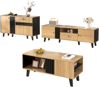 Sideboard 120x40x80 cm, LED-Glasvitrine in Holzoptik mit schwarzen Leisten