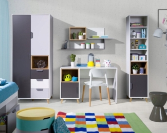 Deine Möbel 24 Jugendzimmer-Set JUSTIN 4 Jugendzimmer Jugendmöbel Kinderzimmer Set komplett 4-teilig, (Set (2 + 14 + 12 + 4), 4-tlg, Weiß / Graphit / Grau / Eiche), bestehend aus Kleiderschrank, Hängeregal, Schreibtisch, Regal