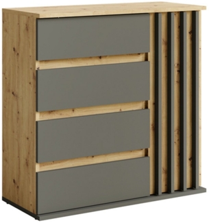 Lomadox Kommode DAVIS-166, Eiche graphit Lamellen Design Schubladen Tür 80x80x34 cm