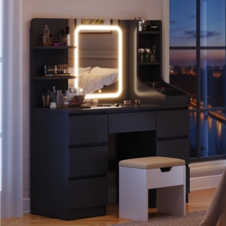 Furnicopia Schminktisch Einstellbare Helligkeit mit 7 Schubladen und 8 offenen Ablagefächern (Größe: 110 x 40 x 139 cm, Integrierte LED-Leiste mit einstellbaren drei Farbtemperaturen, Optional erhältlich mit Hocker mit Stauraum)