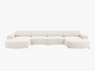 Micadoni 6-Sitzer Strukturierter Stoff Panorama Sofa rund Jodie | Bezug Hell Beige | Beinfarbe Black Plastic