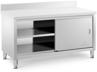 Royal Catering Arbeitstisch 150 x 70 cm Arbeitsschrank Schiebetüren Edelstahlschrank Aufkantung