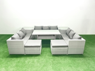 Fimous Polyrattan Gartenmöbel Set 11 Sitzer Garten Sofa Rechteckiger Esstisch Set mit 2 Großer Hockern 2 Beistelltischen Hellgrau gemischt